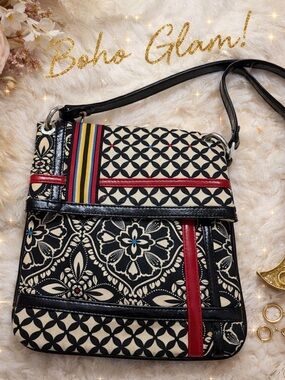 Vera Bradley Crossbody Bag Black Cream Red Trim Geometric Floral Print